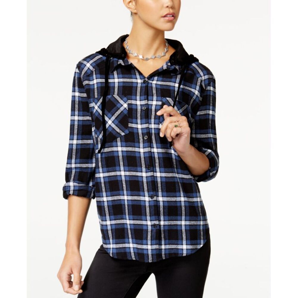 7 Sisters Juniors Velvet Hood Plaid Shirt
